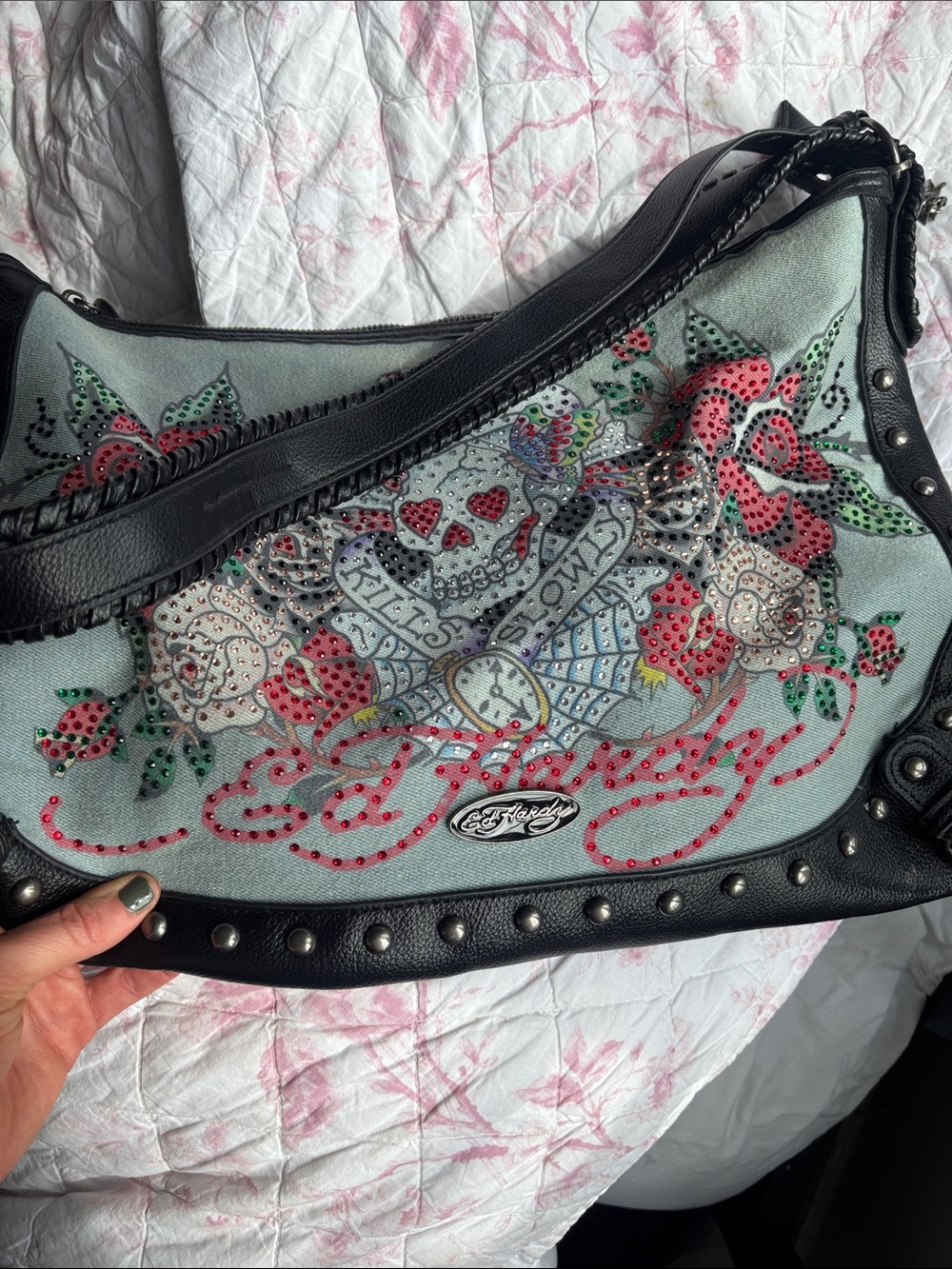 Rare Vintage Ed Hardy denim Rhinestone Skull & Rose Shoulder Bag with Black Trim